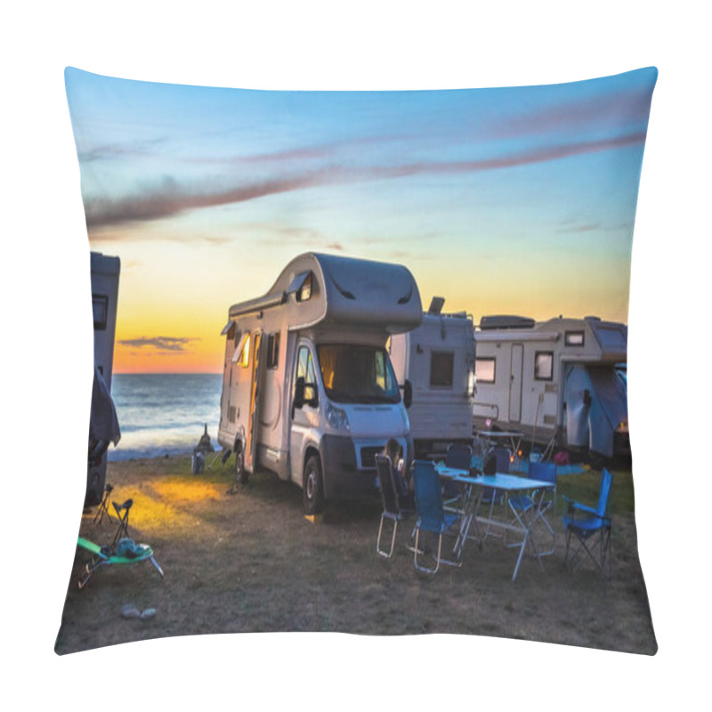 Personality  Campers And Motorhomes Overlooking Sunset In The Mediterranean Sea From Their Campsite On The Beach, Corsica, France Pillow Covers