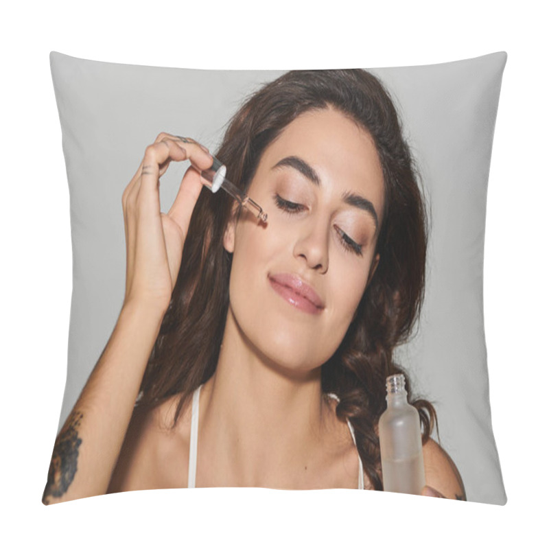 Personality  Woman Smiles While Gently Applying Serum To Her Face, Showcasing Her Beauty And Skincare Routine. Pillow Covers