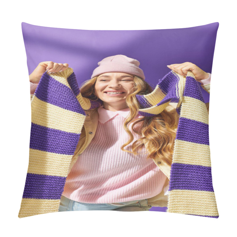 Personality  A Young Beautiful Plus Size Woman Happily Displays Her Handmade Scarf While Smiling Joyfully. Pillow Covers