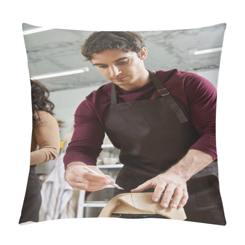 Personality  A Couple Joyfully Crafting Pottery Together In A Contemporary Setting. Pillow Covers