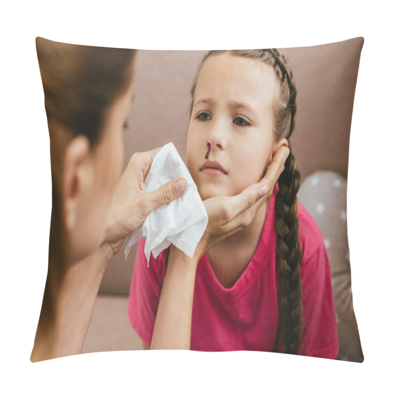 Personality  Cropped View Of Mother Holding Napkin Near Daughter With Nasal Bleeding Pillow Covers