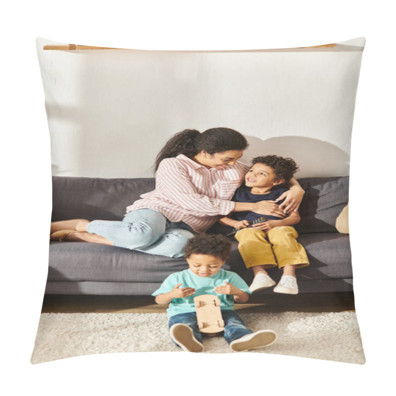 Personality  Joyous African American Mother Sitting Watching Movies With Her Adorable Sons In Living Room At Home Pillow Covers