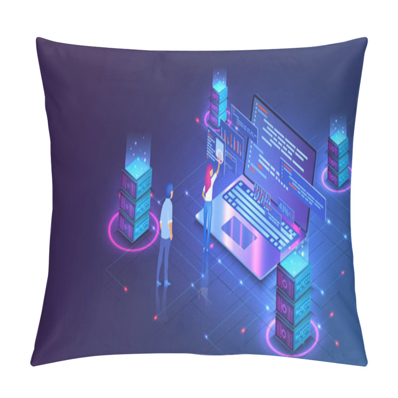 Personality  Web Hosting Or Programming Concept. Web Programming Development, Laptop With UI UX Interface. Computer Web Data Center Server Isometric Landing Vector Page. Vector Pillow Covers