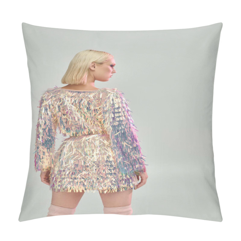 Personality  A Stylish Young Woman Showcases Her Shimmering Outfit With Confidence. Pillow Covers