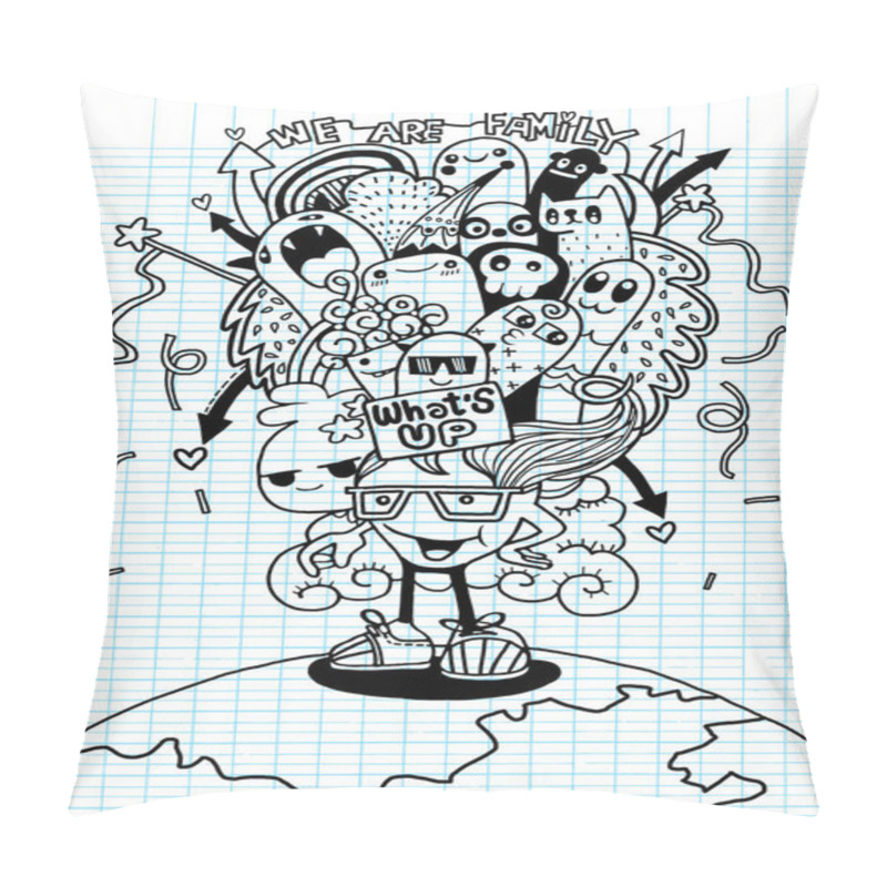 Personality   Crazy Doodle Monster Family Drawing Style.Vector Illustration Pillow Covers