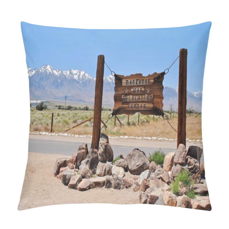 Personality  Manzanar National Historic Site, California: Wooden Sign At Entrance To The Manzanar War Relocation Center, American Concentration Camp, Where Japanese Americans Were Incarcerated During WWII. Pillow Covers