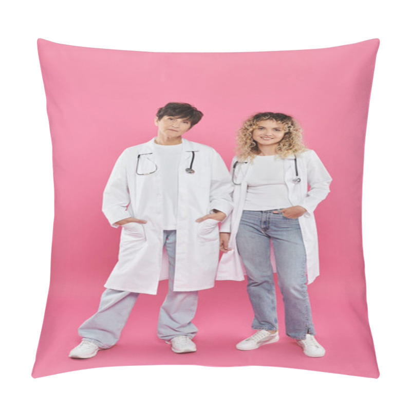 Personality  Joyful Female Doctors In White Coats Standing On Pink Backdrop, Joy, Breast Cancer Awareness, Women Pillow Covers