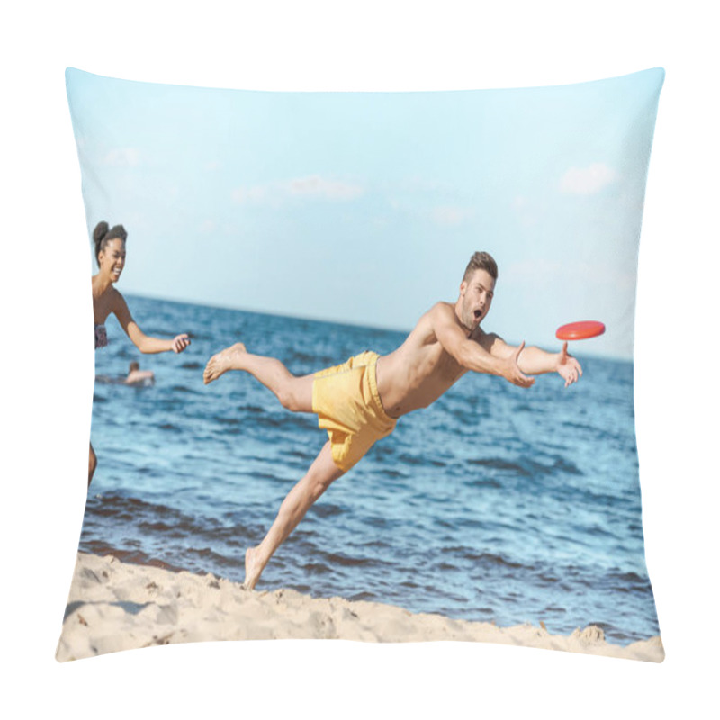 Personality  Young Multicultural Couple Playing With Flying Disc On Beach On Summer Day Pillow Covers