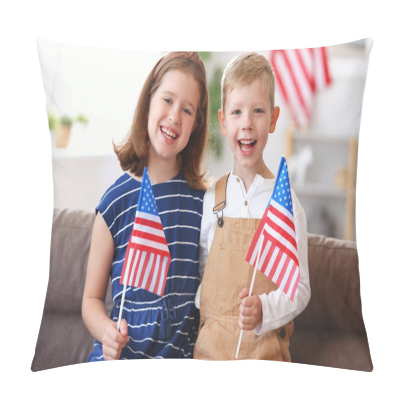 Personality  Two Cute Little Children Brother And Sister With USA Flags Smiling At Camera While Celebrating Independence Day Of United States On July 4 With Family At Home, Sitting On Sofa In Modern Apartment Pillow Covers