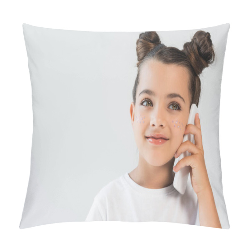 Personality  Smiling Girl With Glitter Stars On Cheeks Talking On Mobile Phone Isolated On Grey Pillow Covers