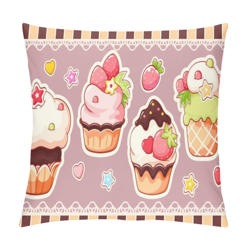 Personality  Set Of Stickers With Cute Sweet Desserts In Kawaii Style. Cake, Muffin And Cupcake With Whipped Cream, Cherry And Strawberry. Vector Illustration EPS8 Pillow Covers