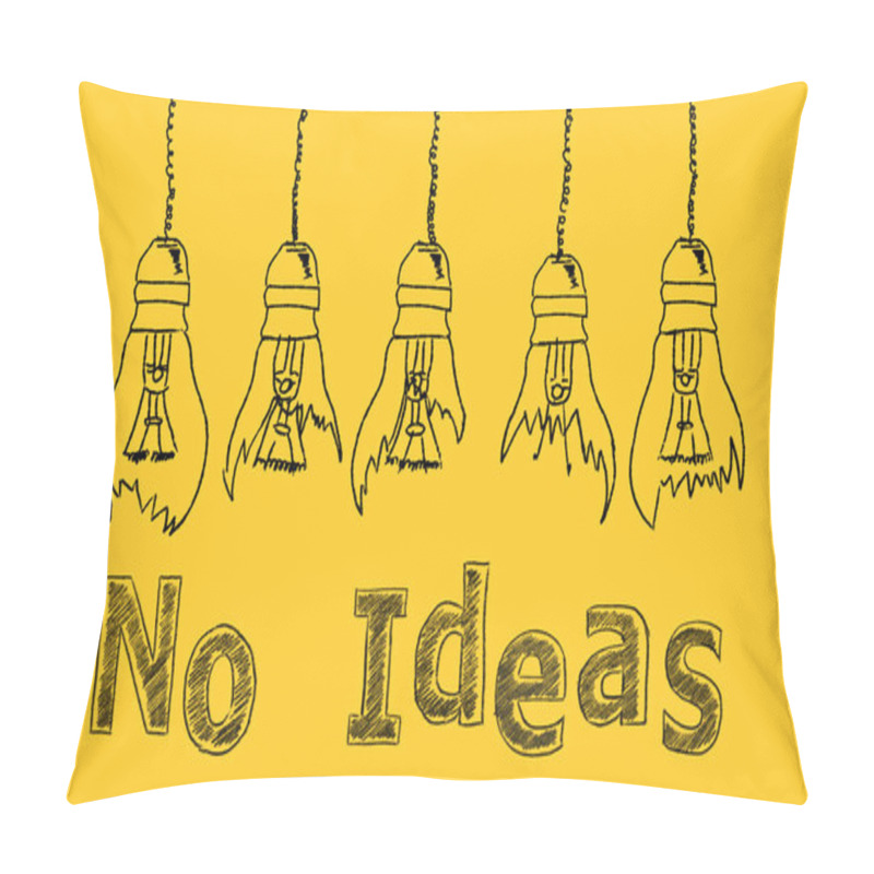 Personality  Set Of Broken Down Light Bulbs Hand Drawn On Yellow Background With Lettering NO IDEAS. Uninspired Or Motivation, Burnout Or Exhausted From Crisis, No New Idea Or Inspiration Concept. Pillow Covers