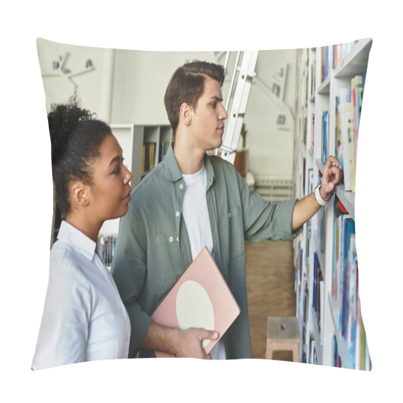 Personality  A Dedicated Educator Supports Her Eager Student While Exploring Diverse Books In The Library. Pillow Covers