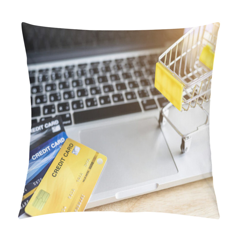 Personality  Credit Cards And Shopping Cart On Laptop On Wooden Background, O Pillow Covers