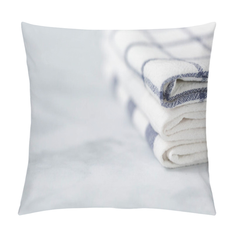 Personality  New Kitchen Towels With Simple Blue Pattern Folded On Marble Counter. Pillow Covers