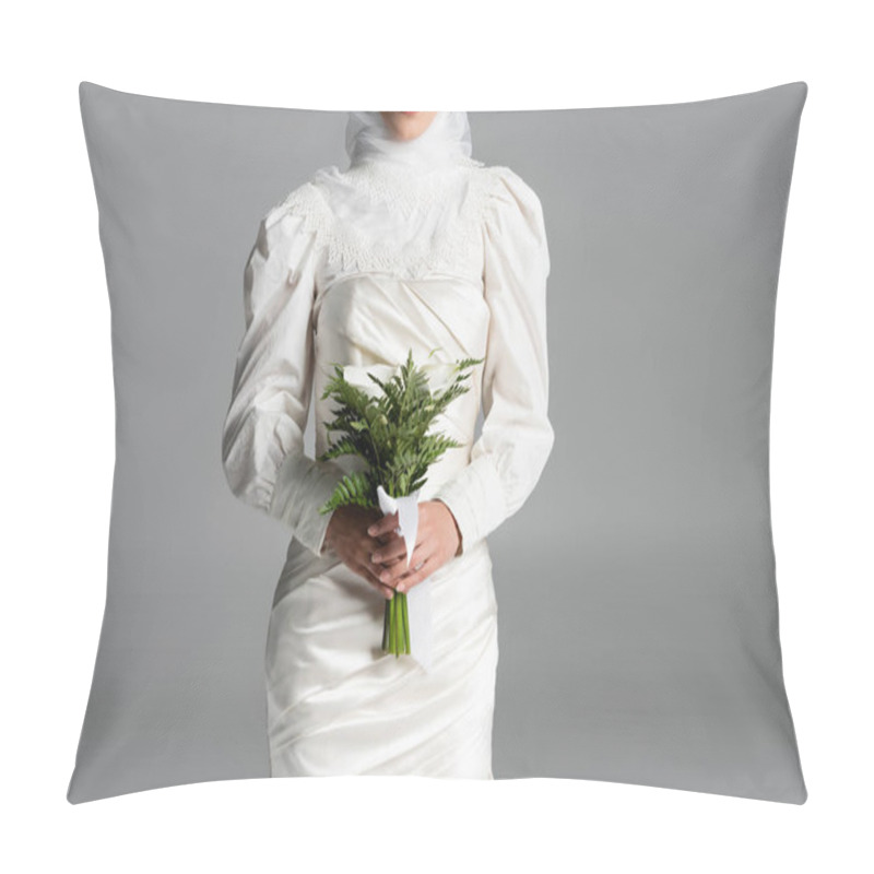 Personality  Cropped View Of Muslim Bride In White Dress And Hijab Holding Wedding Bouquet On Dark Grey  Pillow Covers