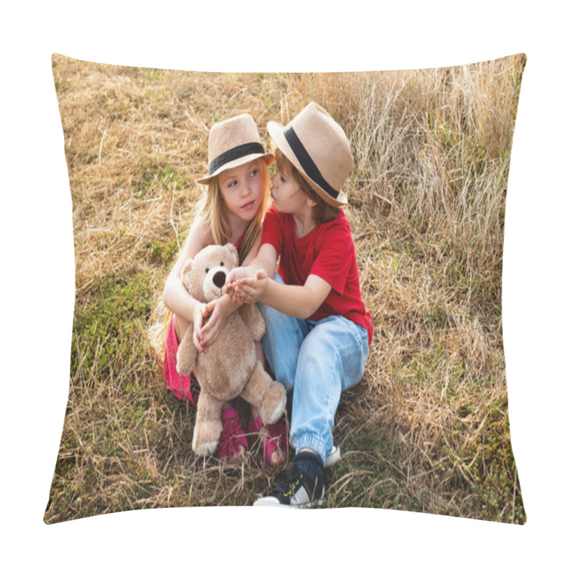 Personality  Cute Little Children Enjoying On Farm. American Farm Life. Happy Children Farmers Having Fun On Spring Field. Summer Leisure. Pillow Covers