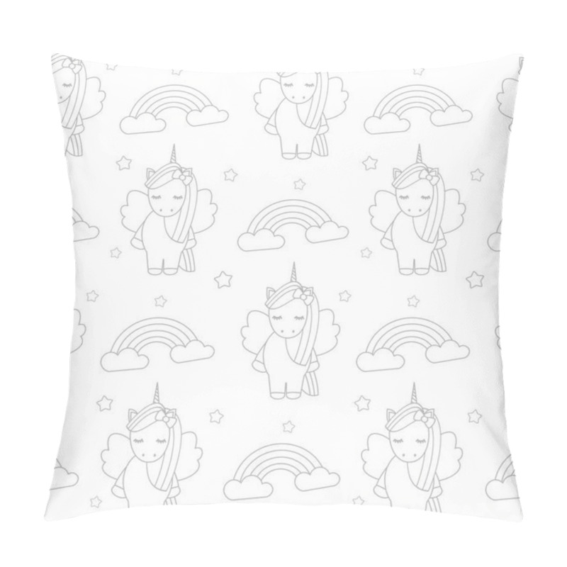 Personality  Cute Cartoon Lovely Black And White Seamless Vector Pattern Background Illustration With Unicorns And Rainbows Pillow Covers