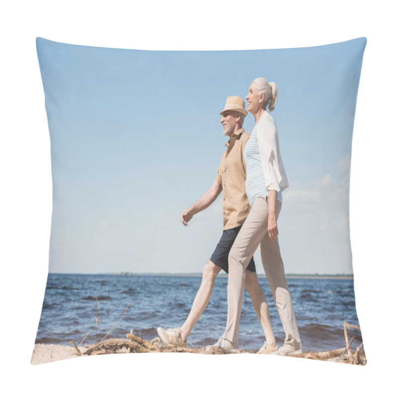 Personality  Senior Couple Walking On Beach  Pillow Covers