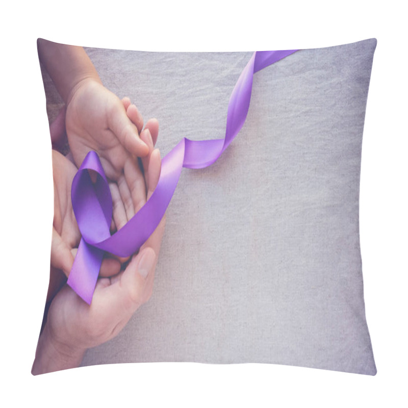 Personality  Hands Holding Purple Ribbons, Toning Copy Space Background, Alzheimer Disease, Pancreatic Cancer, Epilepsy Awareness, Domestic Violence Wareness  Pillow Covers