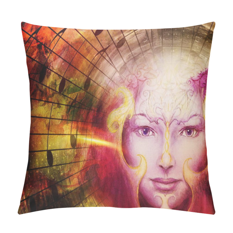 Personality  Beautiful Face Of Mystical Being With Music Notes, Symbol Of The Muse Of Music With Phoenix Birds Sign On Head In Space. Pillow Covers