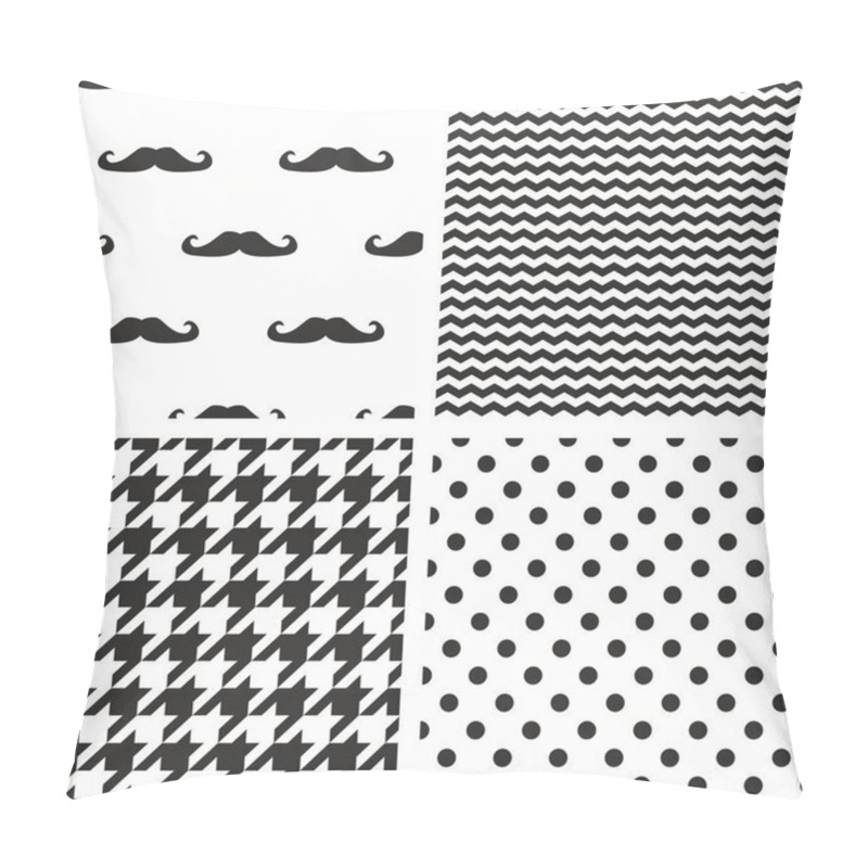 Personality  Tile Black And White Vector Pattern Set With Polka Dots, Hounds Tooth, Moustache, Zig Zag And Stripes Background Pillow Covers