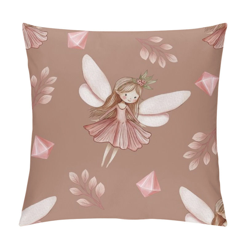 Personality  Seamless Pattern Cute Fairy And Crystal With Leaves Big Design On Mocha Mousse Background Pillow Covers