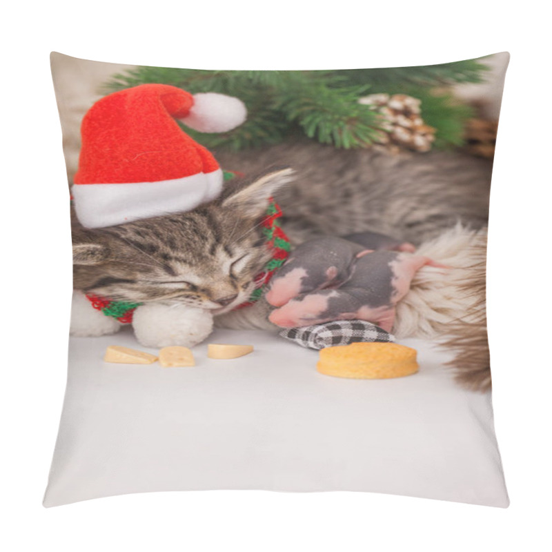 Personality  Festive Pets. The Cat Sleeps Under The Tree With The Mouse. Pillow Covers