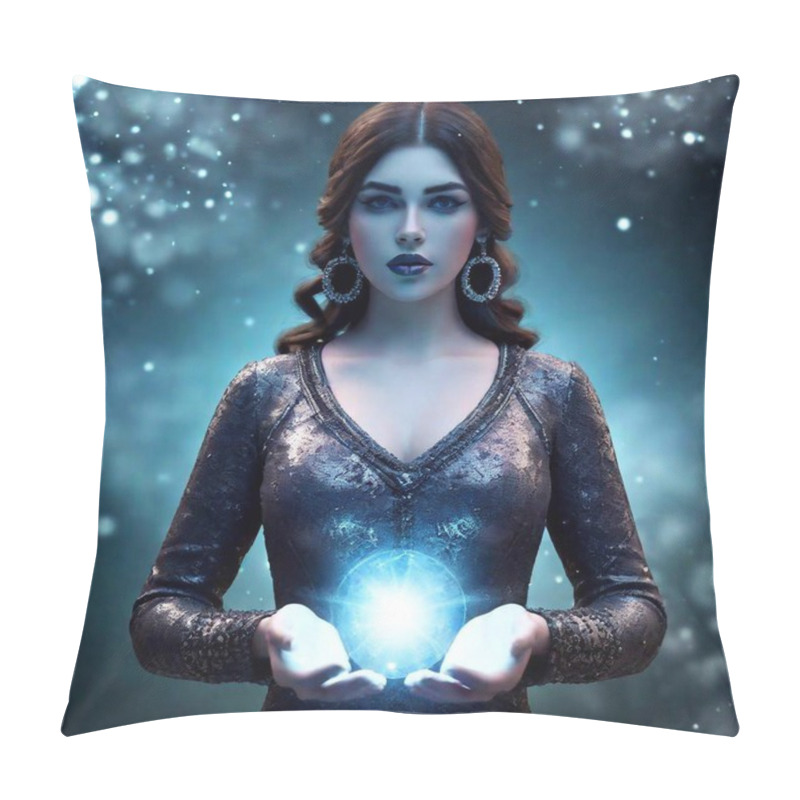 Personality  A High-resolution Digital Artwork Depicting A Dark-haired Woman With Piercing Eyes, Dressed In An Intricate, Dark, Medieval-style Gown With Silver Embellishments. She Is Holding A Glowing Crystal Ball With Both Hands, Emanating An Ethereal Blue Pillow Covers