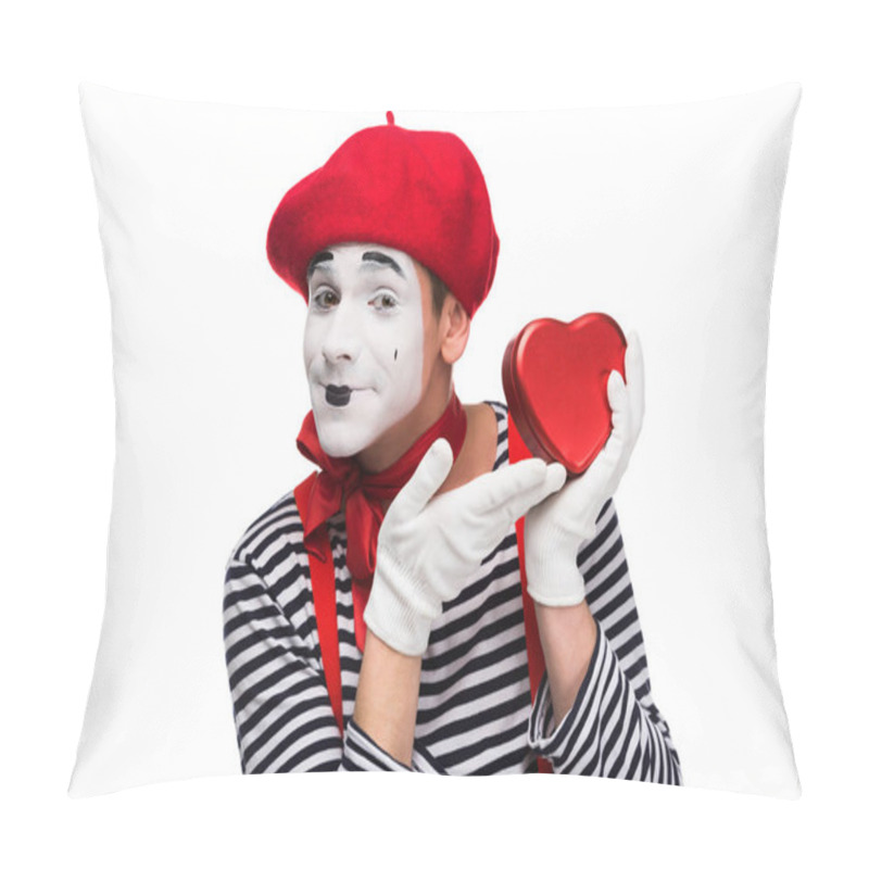 Personality  Happy Mime Showing At Heart Shaped Gift Box Isolated On White, St Valentines Day Concept Pillow Covers