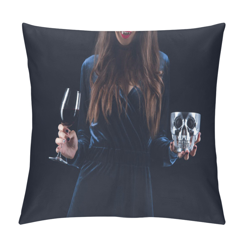 Personality  Cropped View Of Vampire Woman Holding Skull And Wineglass With Blood Isolated On Black Pillow Covers