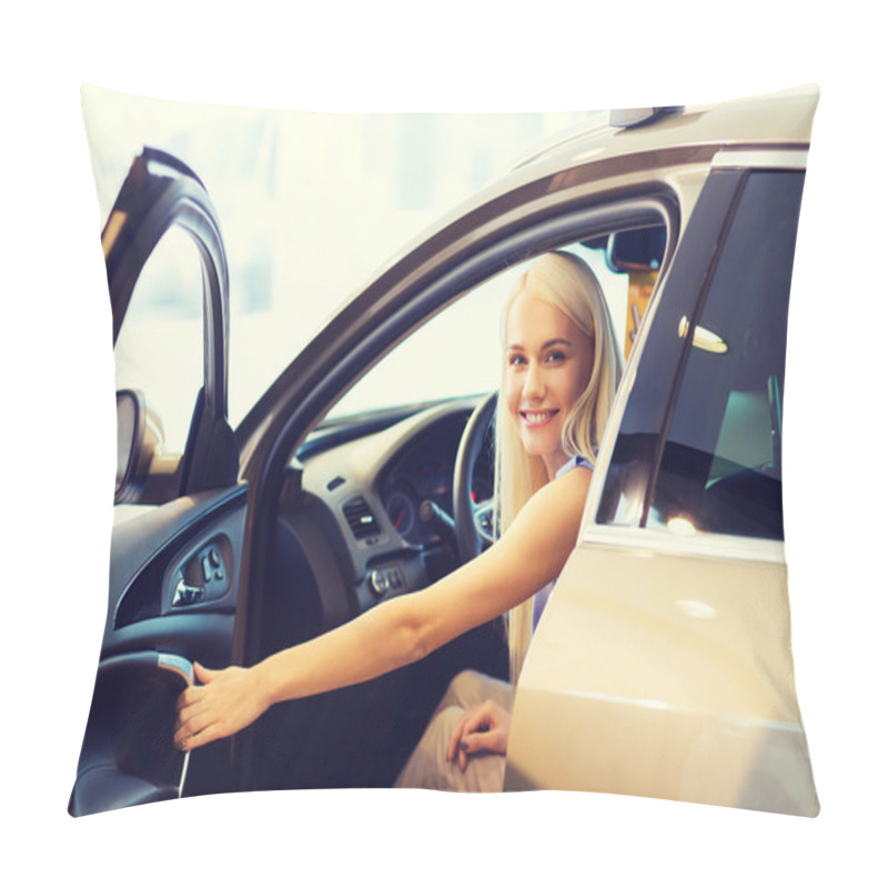 Personality  Happy Woman Inside Car In Auto Show Or Salon Pillow Covers