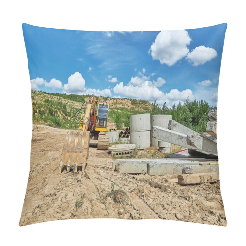 Personality  An Excavator Stands Next To Concrete Products At A Construction Site Reconstructing An Old Water Supply Network Pillow Covers