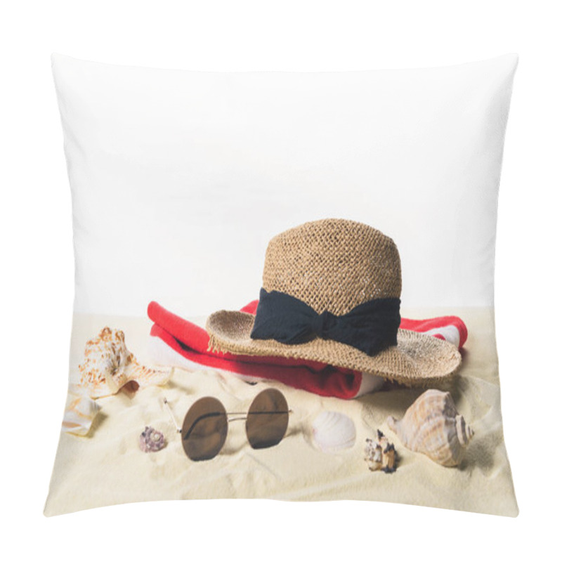 Personality  Straw Hat And Sunglasses With Seashells In Sand Isolated On White Pillow Covers