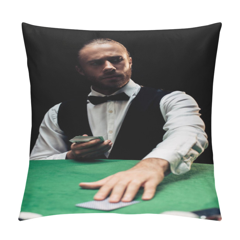 Personality  KYIV, UKRAINE - AUGUST 20, 2019: Selective Focus Of Croupier Putting Playing Card On Poker Table Isolated On Black  Pillow Covers