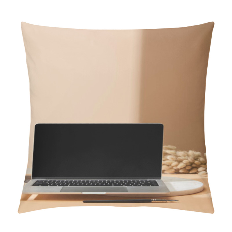 Personality  Laptop With Blank Screen On Marble Board Near Lagurus Spikelets And Paintbrush On Beige Background Pillow Covers