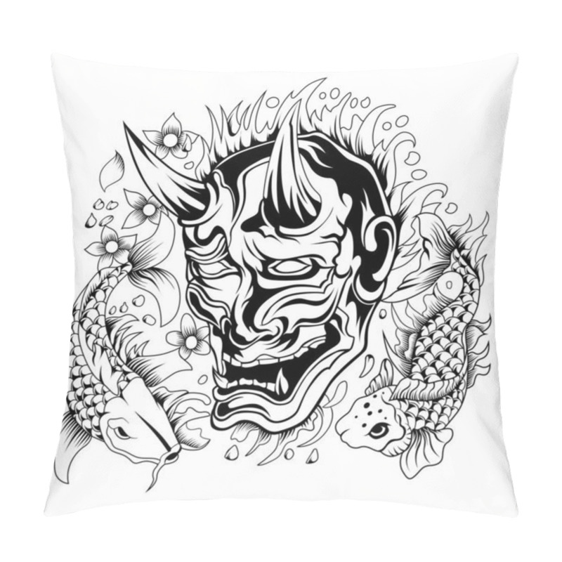 Personality  Oni Mask With Koi Fish Vector Pillow Covers