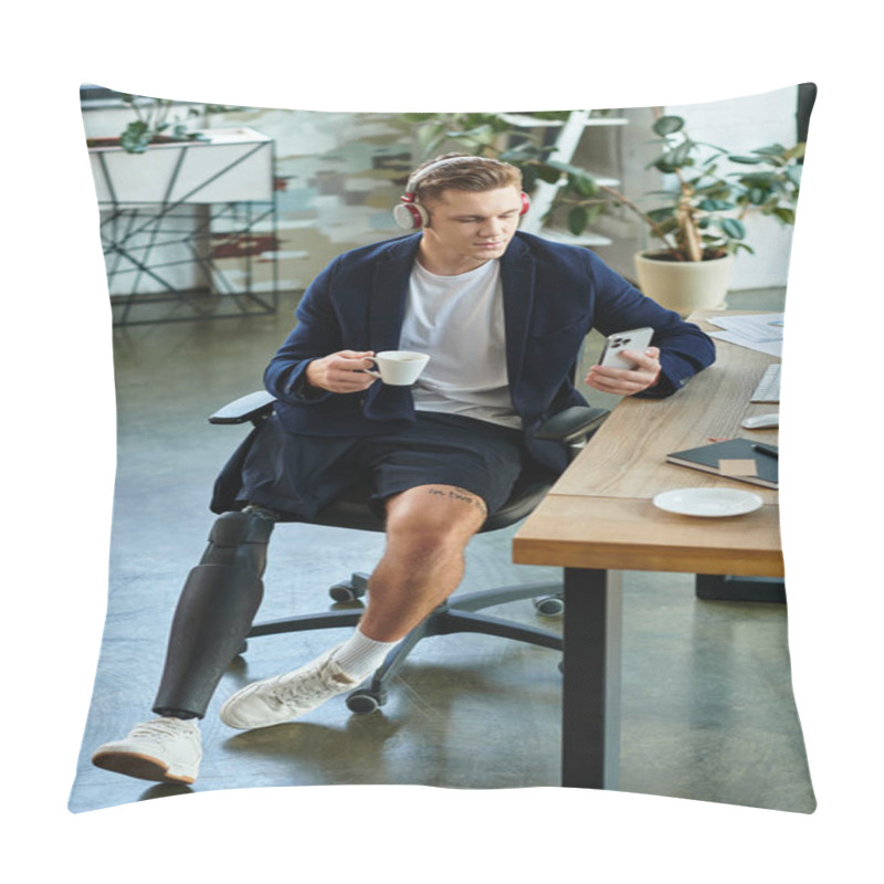 Personality  A Young Businessman With A Prosthetic Leg Enjoys Coffee While Checking His Smartphone In A Sleek Office. Pillow Covers