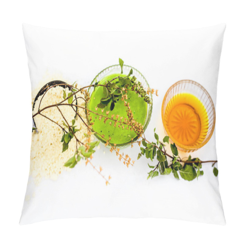 Personality  Basil Face Mask Isolated On White I.e. Basil Leaves Juice Well Mixed With Honey And Gram Flour In A Bowl And Entire Raw Ingredients Present On The Surface.Used For Instant Acne And Pimple Free Glow. Pillow Covers