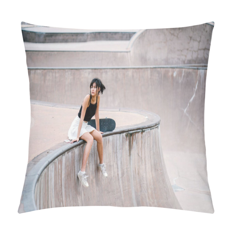 Personality  Portrait Of Asian Chinese Girl With Skate In Skatepark Pillow Covers