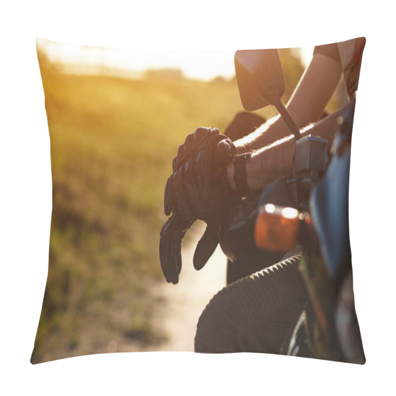 Personality  Close-up View On The Bikers Hands In Leather Gloves Pillow Covers