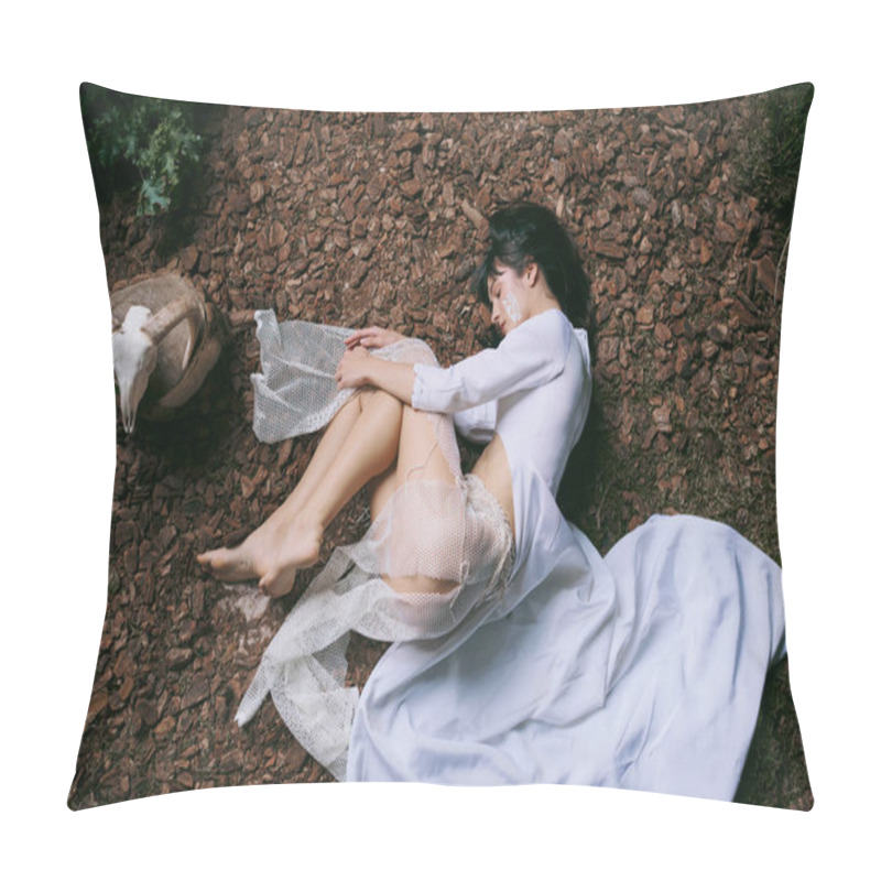 Personality  A Woman Lies On The Ground, Her White Dress Flowing Around Her. Pillow Covers