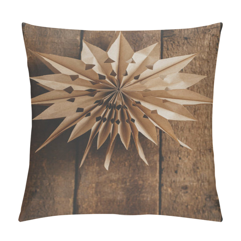 Personality  Stylish Paper Christmas Star Hanging On Rustic Old Wooden Background. Season's Greeting Card With Space For Text. Modern Sweden Paper Star. Merry Christmas And Happy Holidays! Pillow Covers