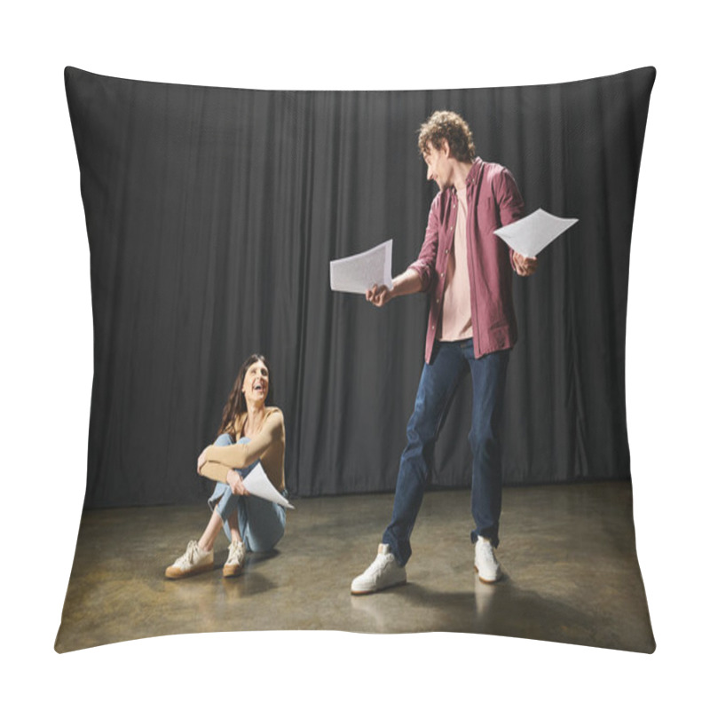 Personality  A Man And Woman Working On Their Lines Together During Theater Rehearsals. Pillow Covers