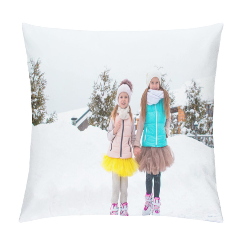 Personality  Little Happy Girls Skating Outdoors In Winter Snow Day Pillow Covers