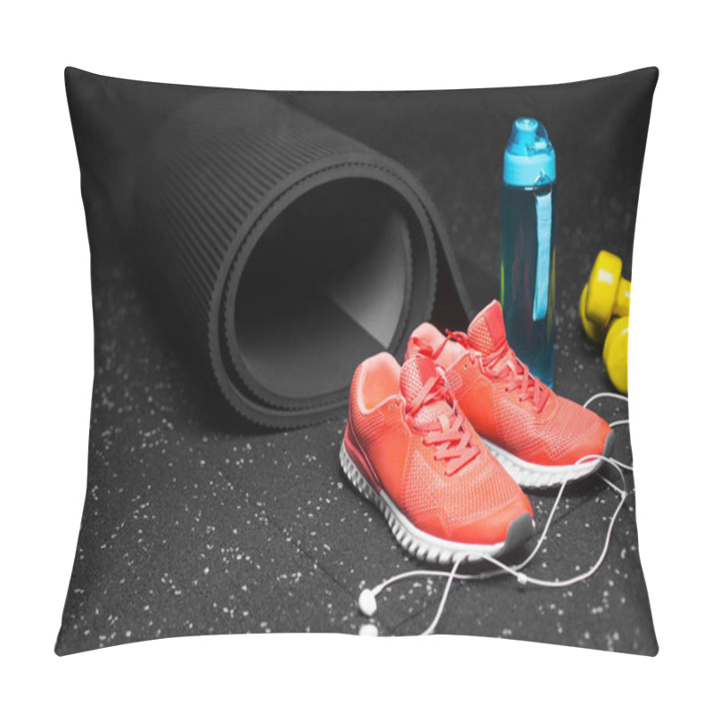 Personality  Comfortable Training Shoes, Rubber Mat, Dumbbells, Sports Blue Bottle On A Black Spotted Background. Copy Space. Pillow Covers