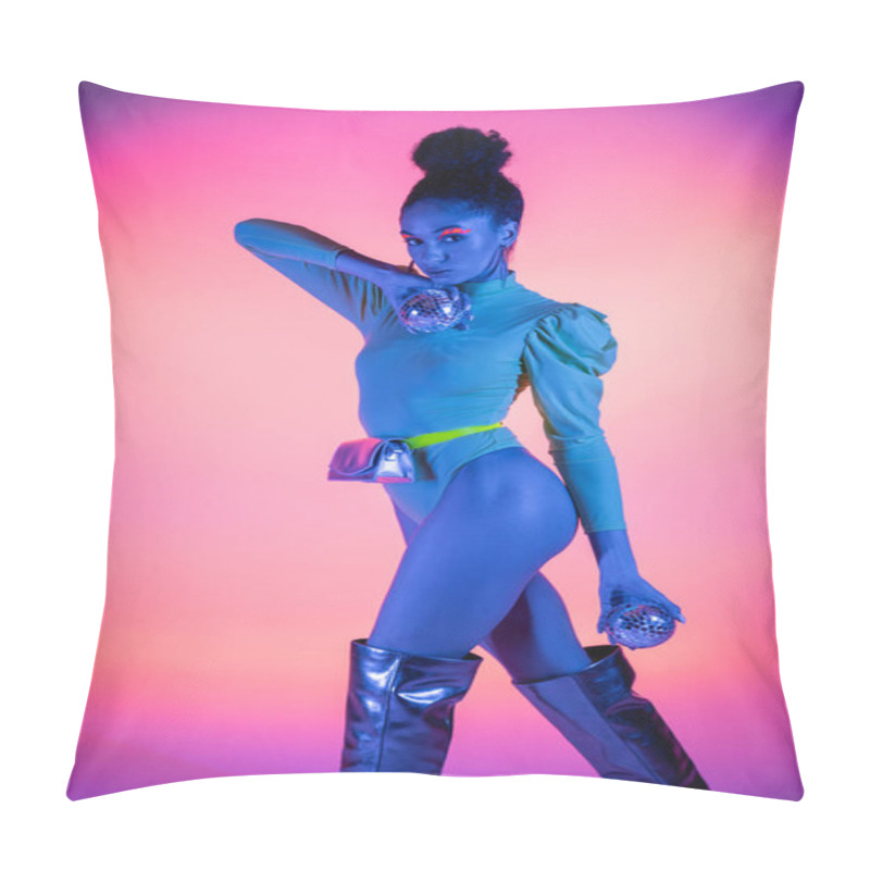 Personality  Trendy African American Model With Neon Makeup Holding Disco Balls On Pink Background Pillow Covers