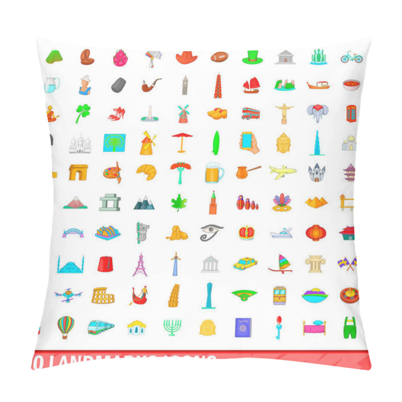 Personality  100 Landmarks Icons Set, Cartoon Style Pillow Covers