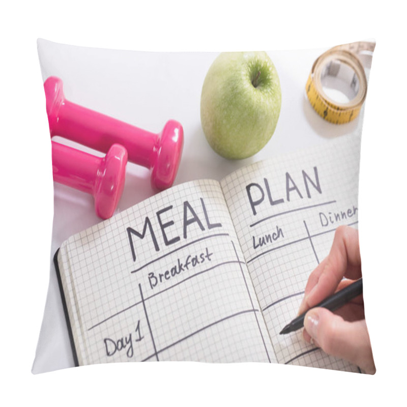 Personality  High Angle View Of A Person Hand Filling Meal Plan In Notebook At Wooden Desk Pillow Covers