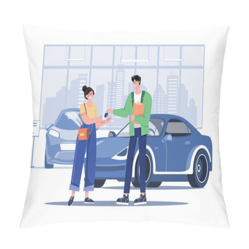 Personality  Young Smiling Woman Getting Key To A New Car Pillow Covers